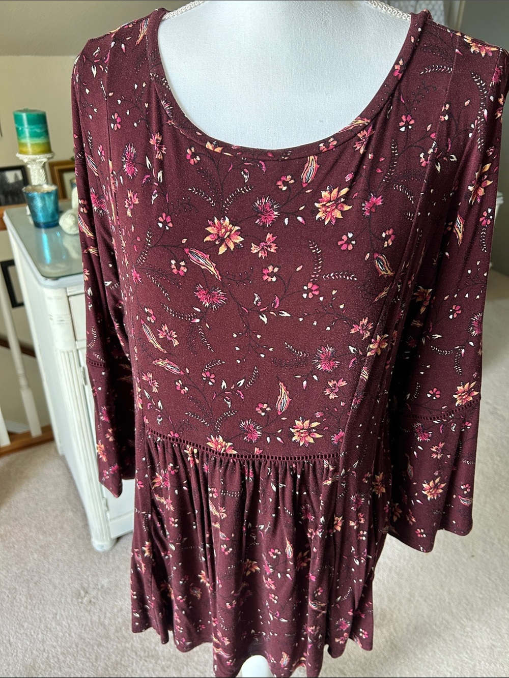Westport Burgundy Floral Long-Sleeve Peplum Dress size XL